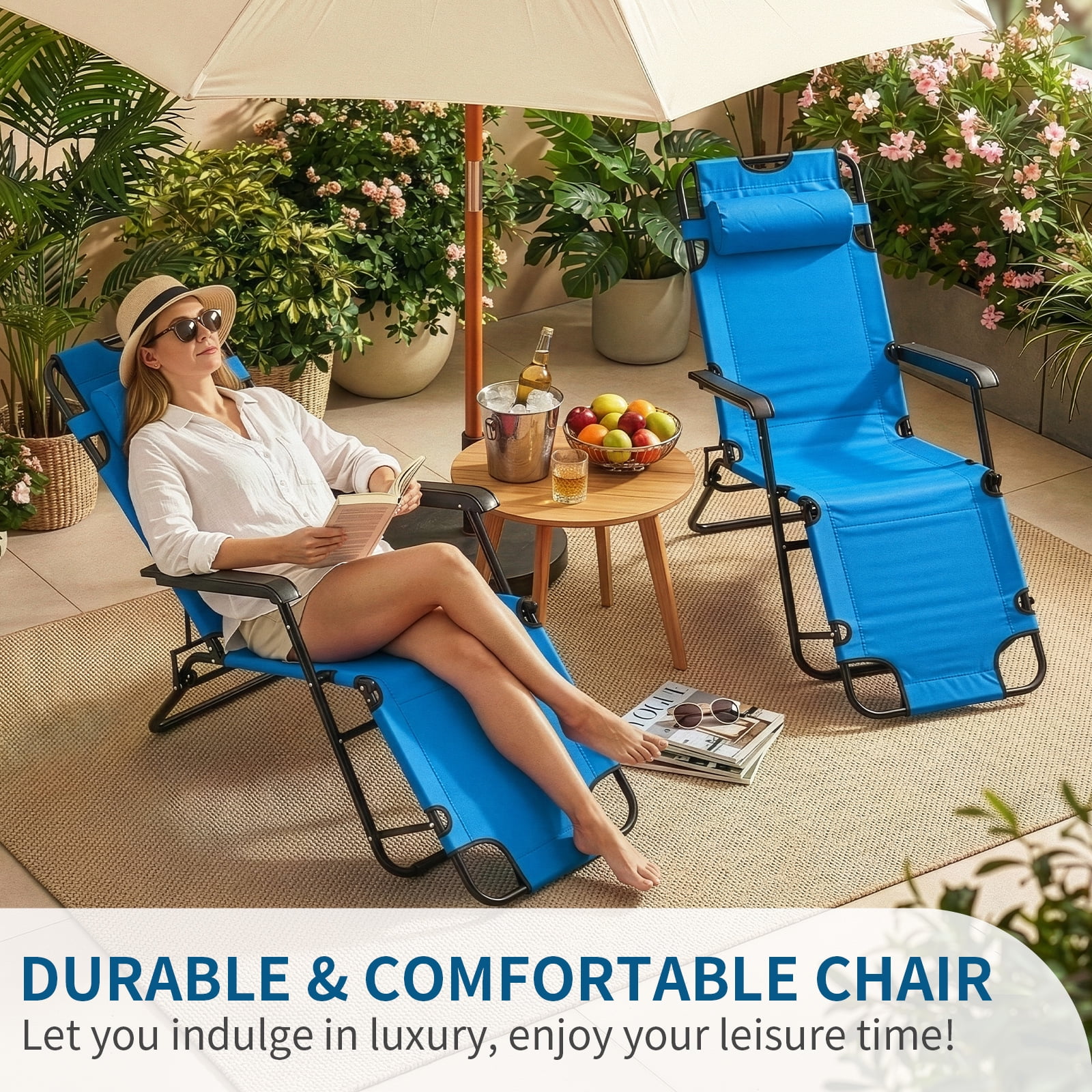 UBesGoo 2-Position Adjustable Backrest Chaise Chair, Lightweight Tanning Chair with Pillow, Sun Recliner for Indoor Outdoor - Blue