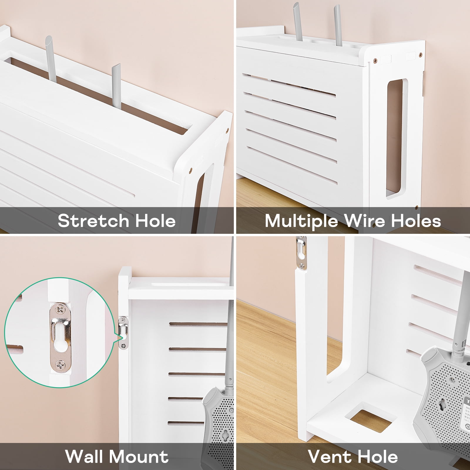 White Router Shelf Wall Mount WiFi Router Storage Box Modem Cable Router Cover Organized Power Strip Cable Management Hider Rack by Solid Wood