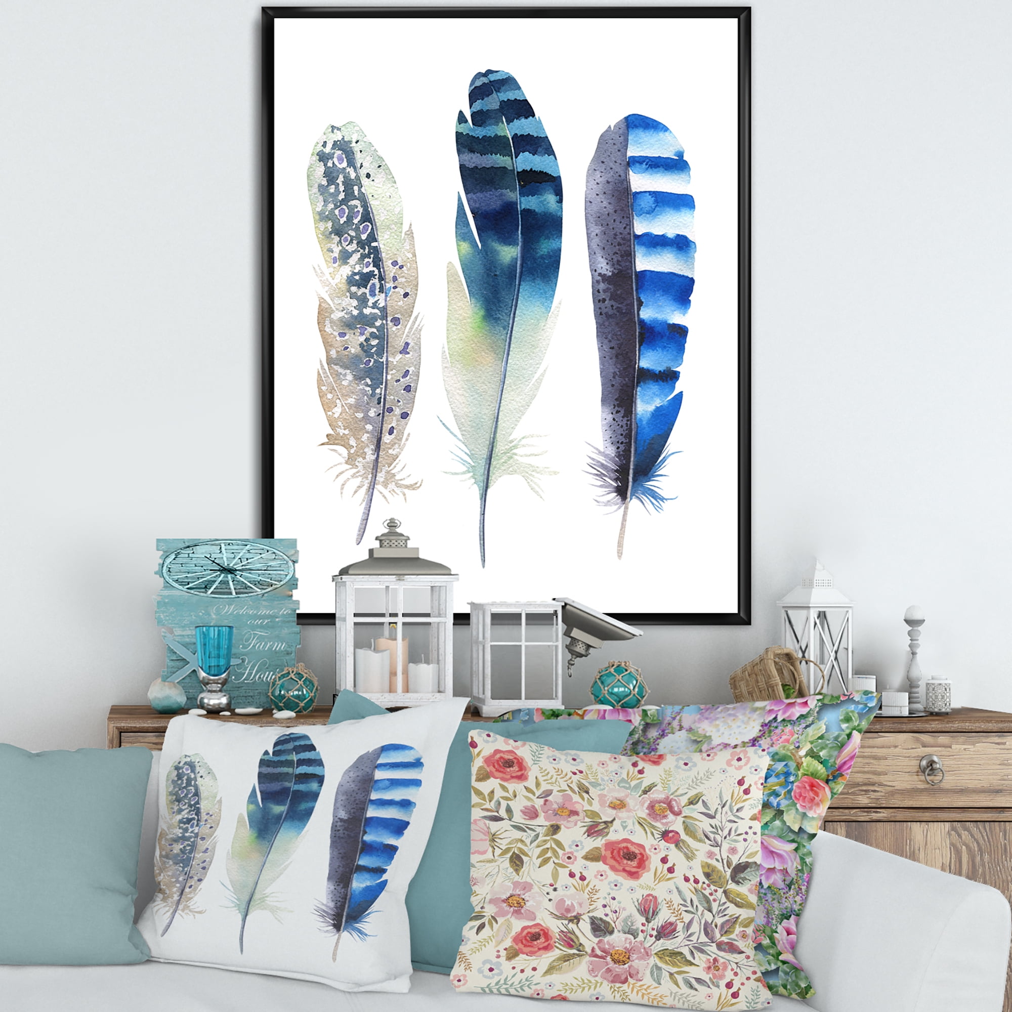 Designart 'Colourful Boho Art Feathers I' Bohemian & Eclectic Framed Canvas Wall Art Print