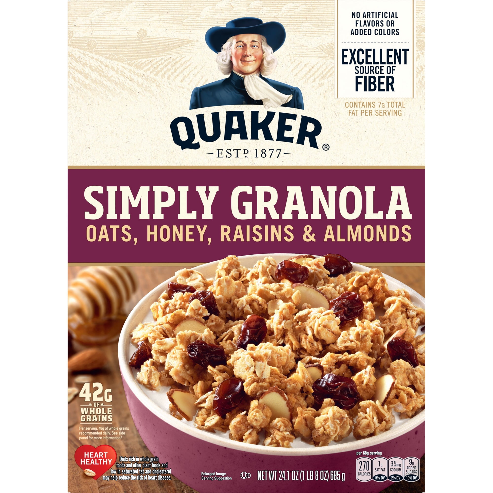 Quaker Simply Granola Breakfast Cereal, Oats Honey Raisins & Almonds, 24.1 oz Box