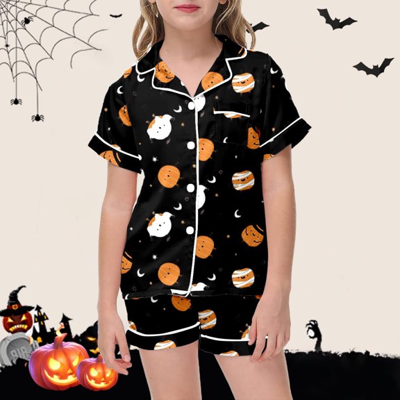 BOOMNY Halloween Girls 2 Peice Pajamas Sets Hallowmas Pumpkin Ghost Graphic Short Sleeve Buttons Sleepwear Tops Shorts Pjs Set for Kids Cozy Loungewear Homewear