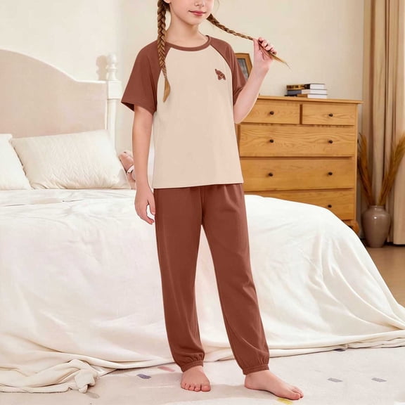 ATOGUTA Girl 2 Piece Outfits Kids Short Sleeve T-Shirts and Elastic Waist Pants Size 2T-15 Matching Set with Pockets Brown