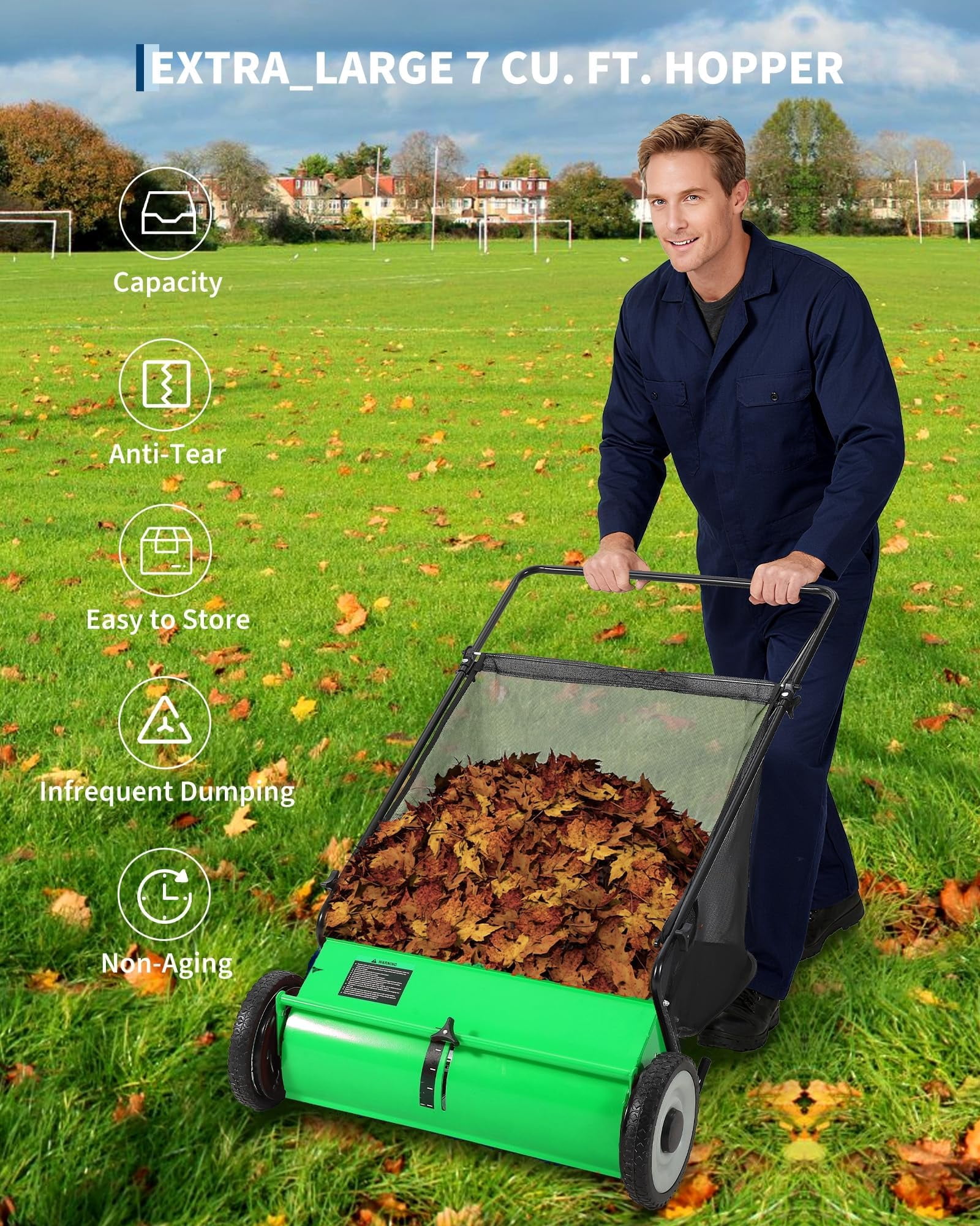 BouPower 26 in Push Lawn Sweeper – 4 Spinning Brushes, 7 Cu. Ft. Large Capacity Collection Bag, Adjustable Height, Durable Steel Frame with Rubber Wheels, for Grass, Leaves & Debris on All Terrains
