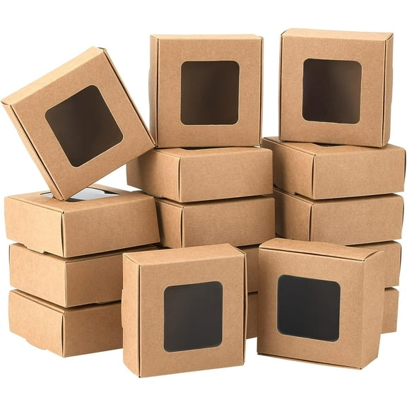 28pcs 28 Packs Kraft Paper Box with Clear Windows 3.4x3.4x1.4Inches Paper Gift Box for Party Favor Treats Bakery Festival Gift Packaging