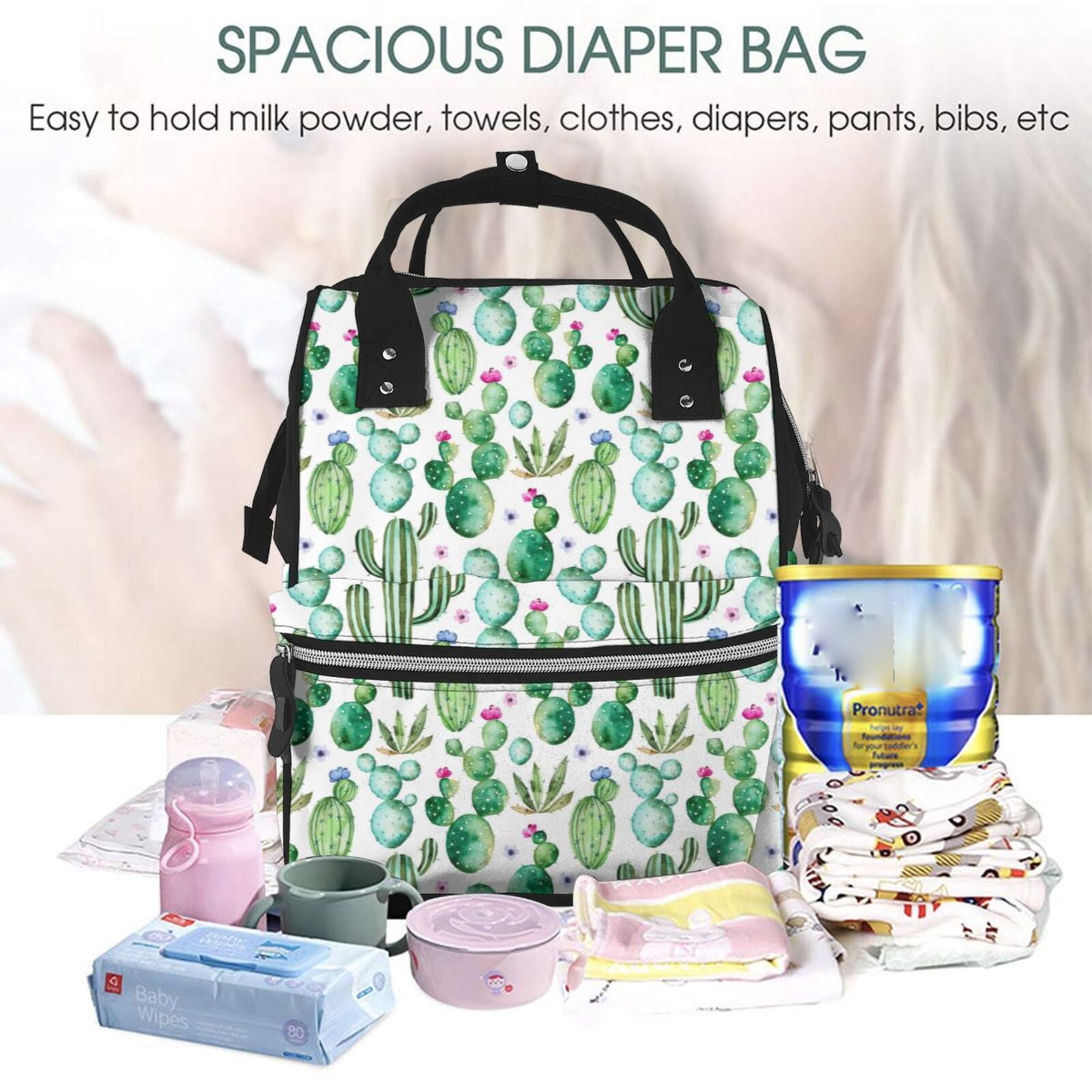 Ratiio Cactus Plants1 Mummy Backpack - Waterproof Twill Canvas, Large Capacity Diaper Bag with Multiple Pockets and Adjustable Straps