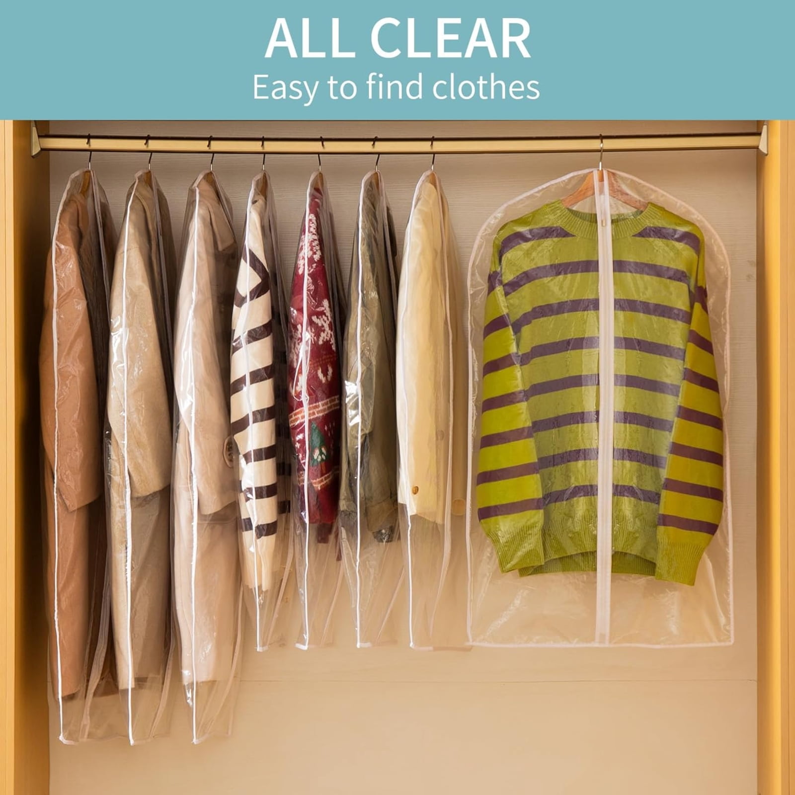 All Clear Garment Bags for Hanging Clothes, 10 Pack Suit Bags for Closet Storage, Plastic Dustproof Suit Cover Bags, Clothes Protectors Bag with zipper for Coats, Jackets, Shirts
