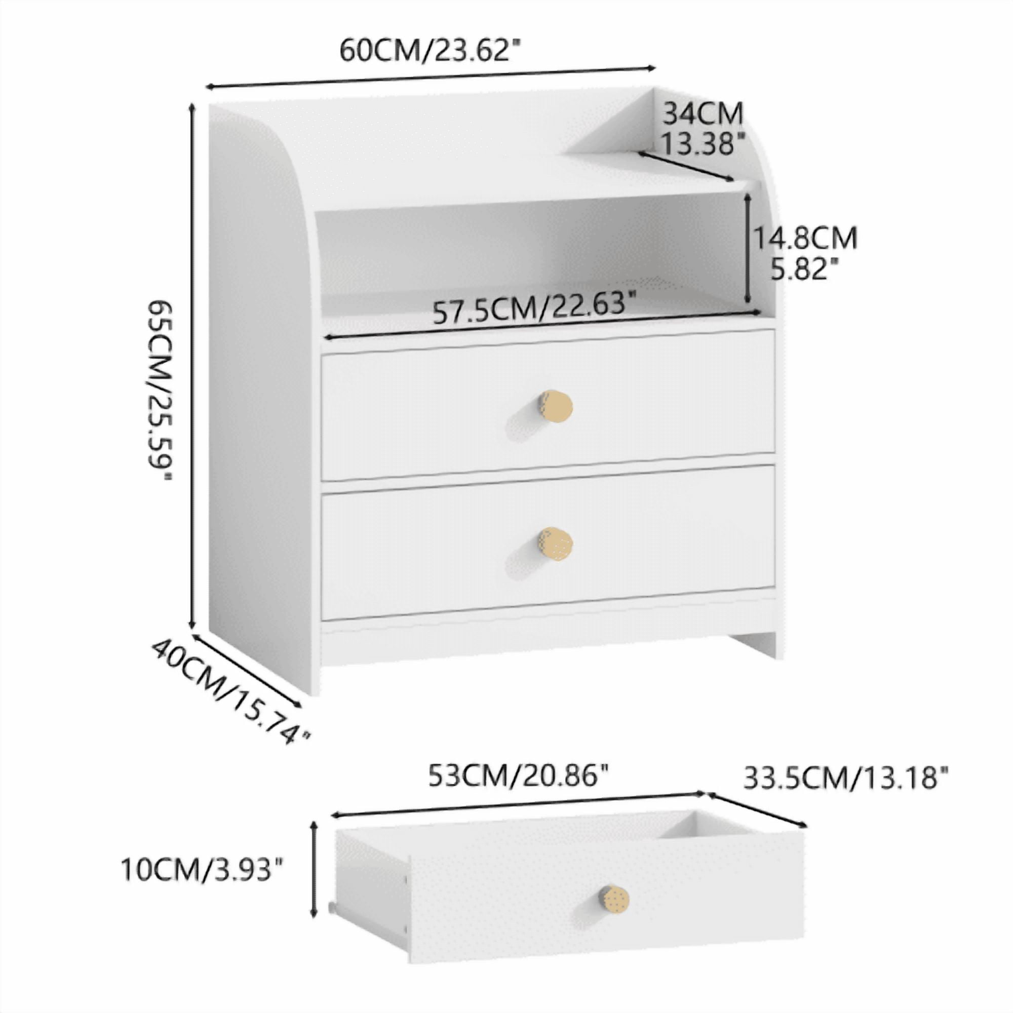 Nightstand with 2 Drawers and Open Shelf, MDF Bedside Table with Curved Side Panels, Modern End Table for Bedroom, Kids Room, Nursery, Living Room, Storage Cabinet, White