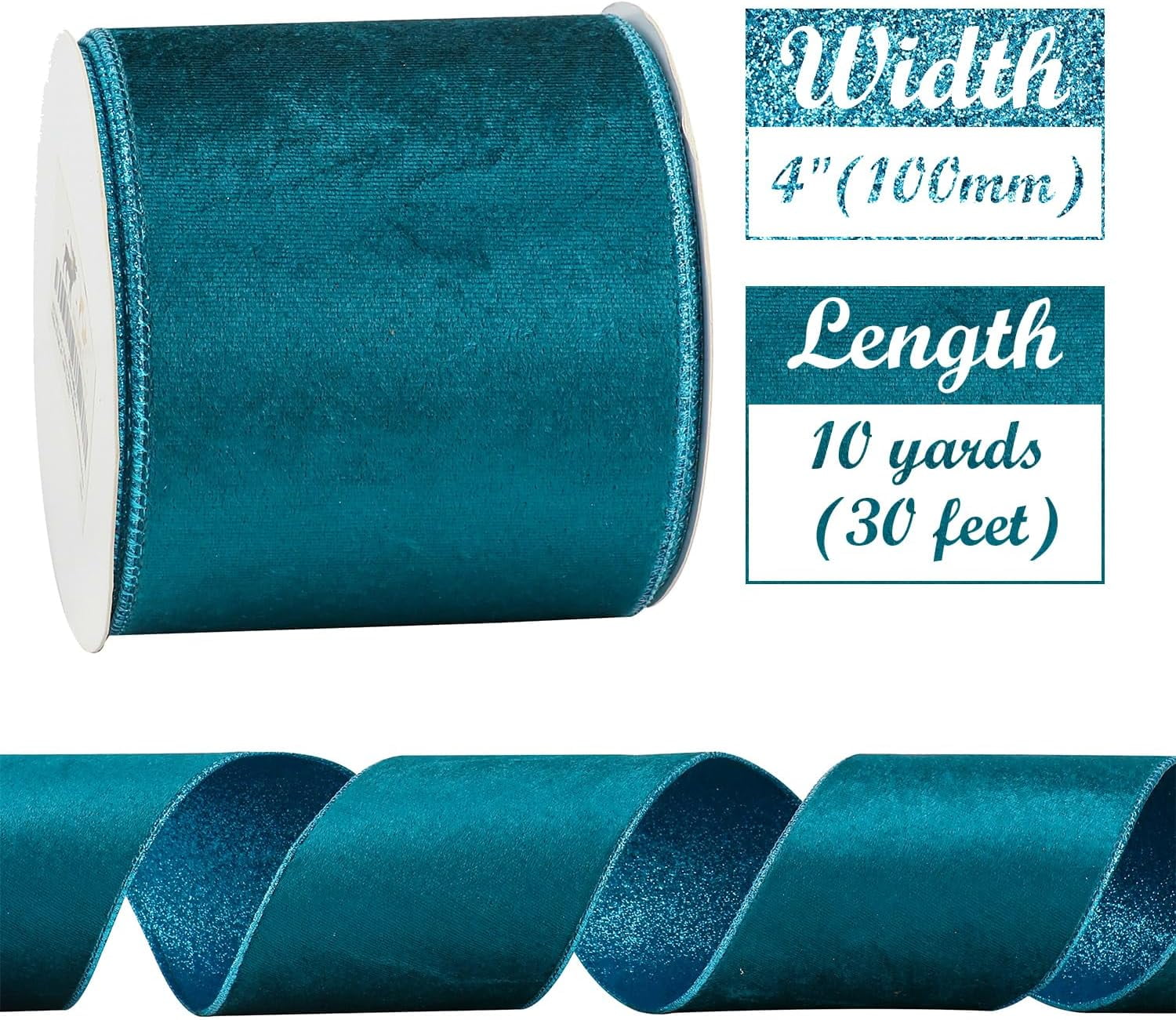 Turquoise Velvet Wired Ribbon 4 inch Christmas Tree Ribbon Double-Sided Glitter Turquoise Blue for Trees, Wreaths, Bows, Garland, Crafts-10 Yards