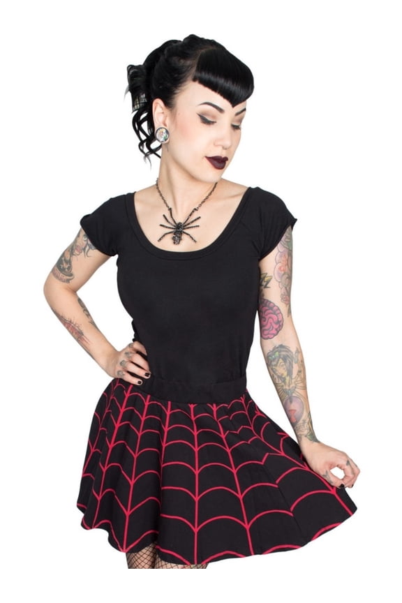 Women's Web Red Skater Skirt Flared Gothic Chic Style Kreepsville Fashion - Small