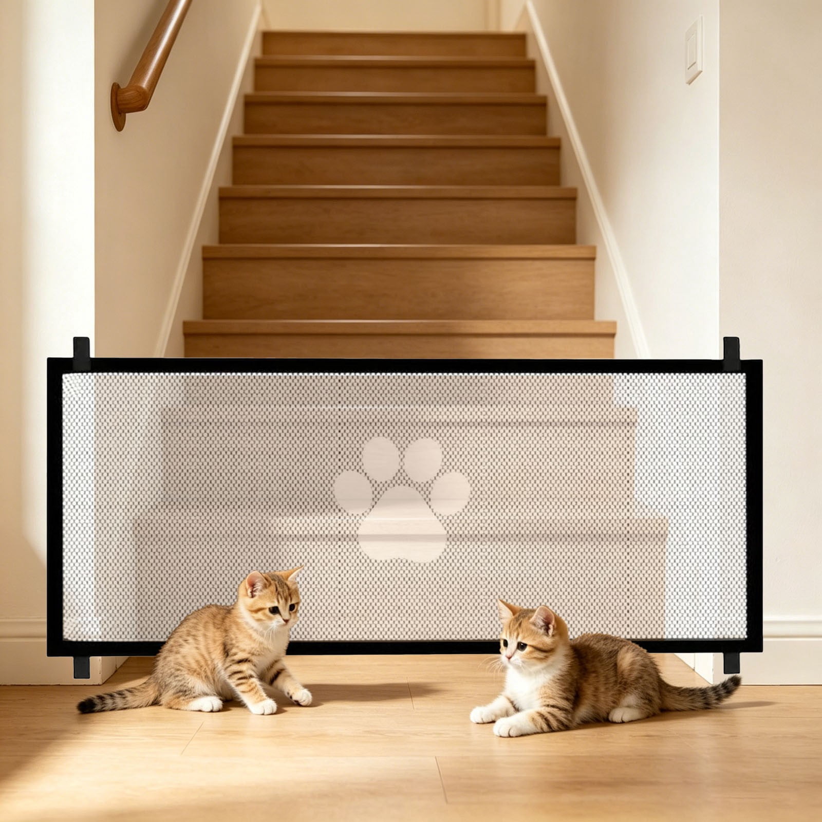 Pet Safety Gate Mesh Screen, Portable Dog Cat Isolation Barrier for Doorways, Stairs and Hallways, Retractable Mesh Gate with Paw Print Design, Easy Install Indoor Pet Fence for Home