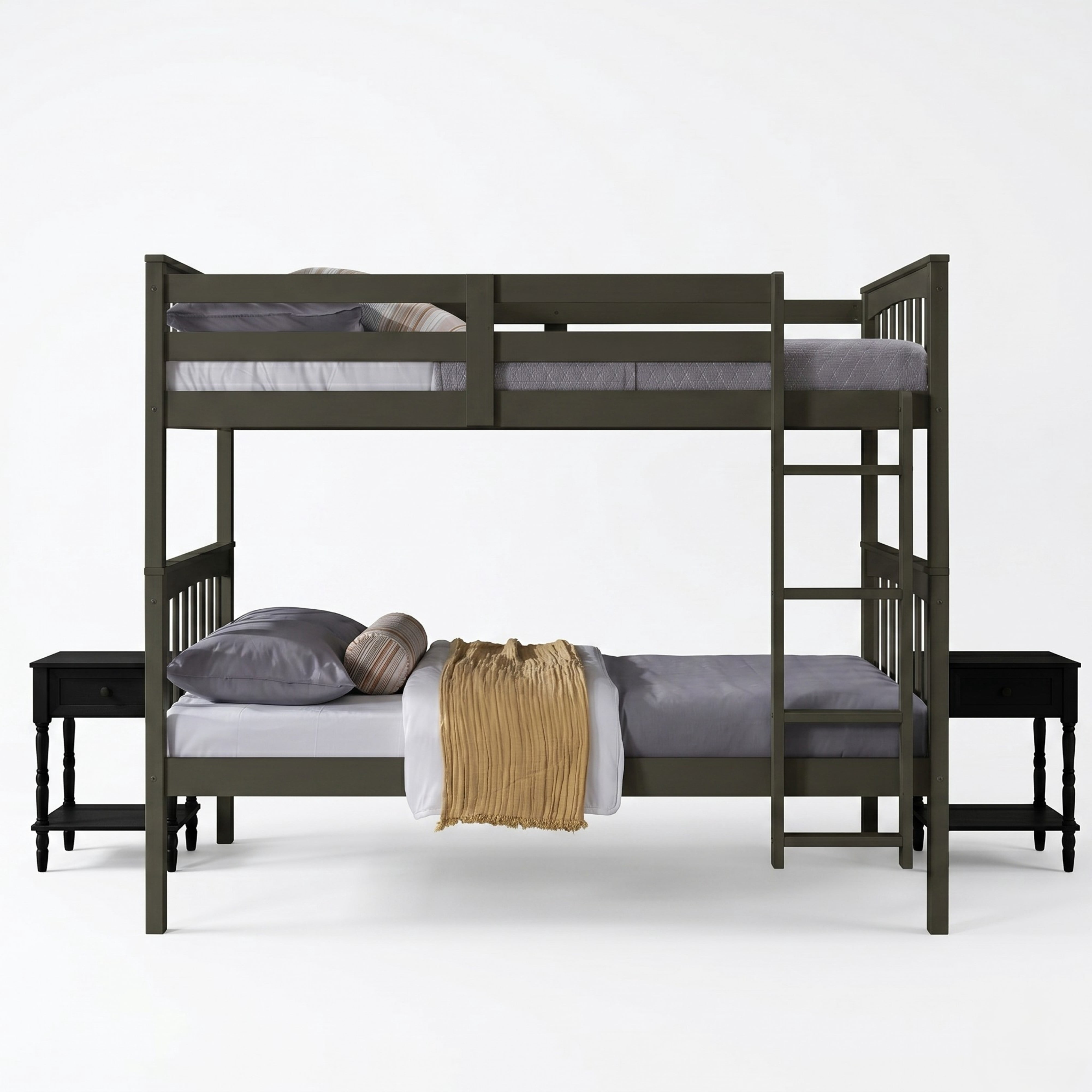 Home Design Ames Twin Over Twin Solid Wood Bunk Bed with 2 Ruston Nightstand – 3-Piece Space-Saving Bedroom Set, Gray/ Black