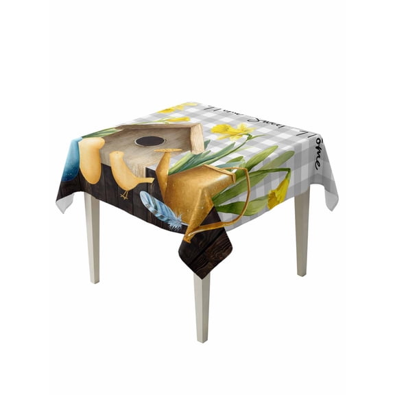 Spring Suqare Tablecloth - 60 x 60 Inch, Country House Eggs Birds Botanical Floral Plaid Waterproof & StainResistant Tablecloth, Washable Oil-proof Table Cover for Dining/Party/Wedding/Camping/Buffet