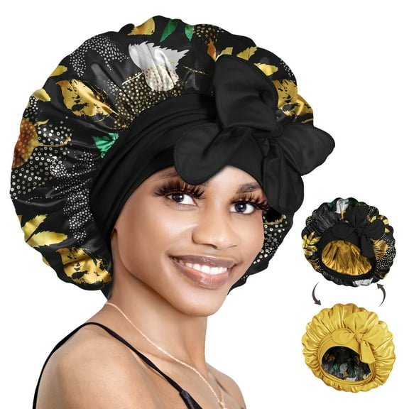 Double Layer Reversible Silky Satin Bonnet with Tie Band Printed Color