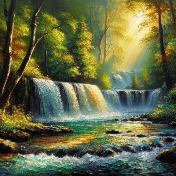 Rainbow Forest Waterfall Oil Painting - 12" x 18" Art Print Wall Decor