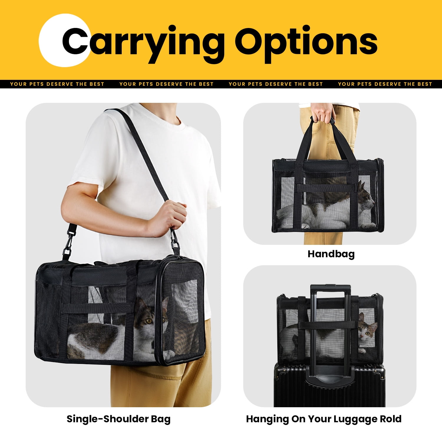 Conlun Cat Dog Carrier,Soft-Sided Pet Carriers for Dogs with 4-Sided Mesh,Cat Transport for Large Cats Small Dog Up to 9.9Kg,Collapsible Dat Travel Carrier-L,Black