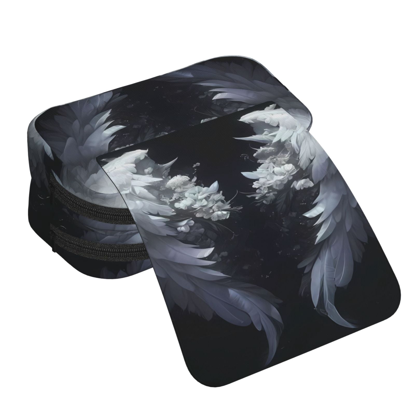 Rateoe Elegant Feathered Floral Wings Pattern Double Clamshell Pen Case, Storage Organizer with Two Zipper Compartments– Holds Up to 50 Pencils & Pens