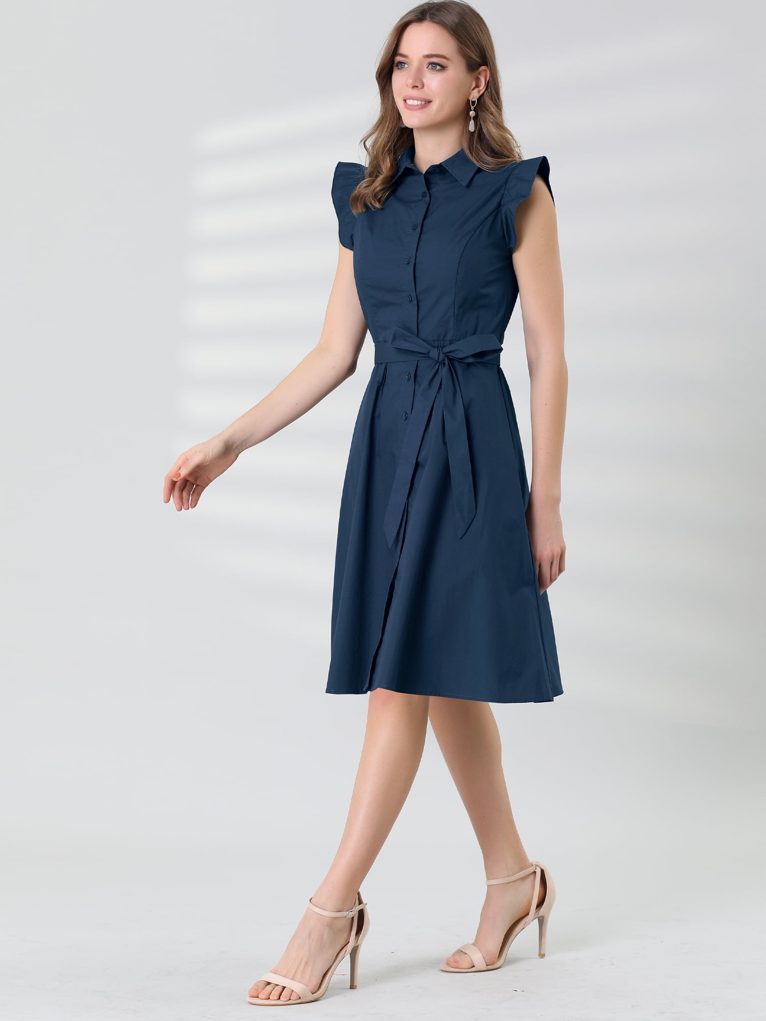 DARING DIVA Ruffled Sleeve Button Down Belted Knee Length Shirt Dress S Navy Blue