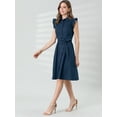 thumbnail image 4 of DARING DIVA Ruffled Sleeve Button Down Belted Knee Length Shirt Dress XS Navy Blue, 4 of 6