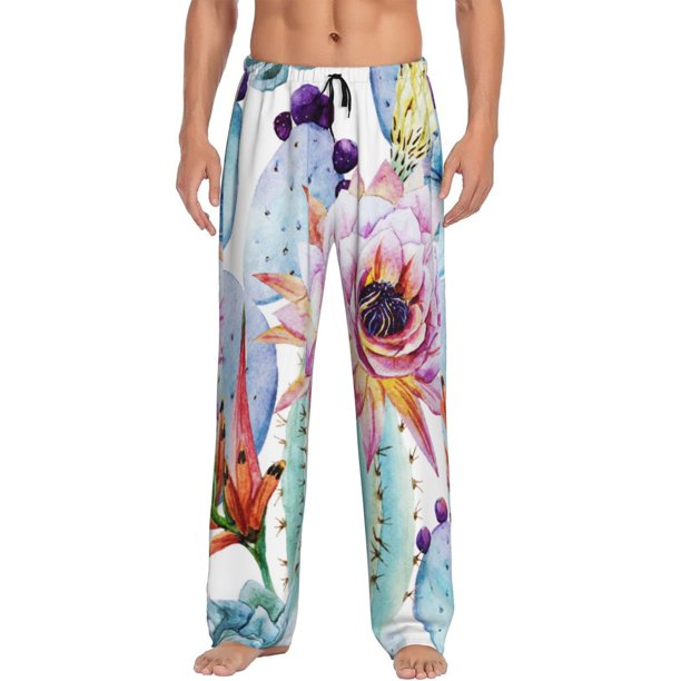 Fotbe Cactus Pantalones de Pijama para Hombre, Pantalones de Dormir, Pantalones de Casa con Cintura Ajustable y Bolsillos-Large