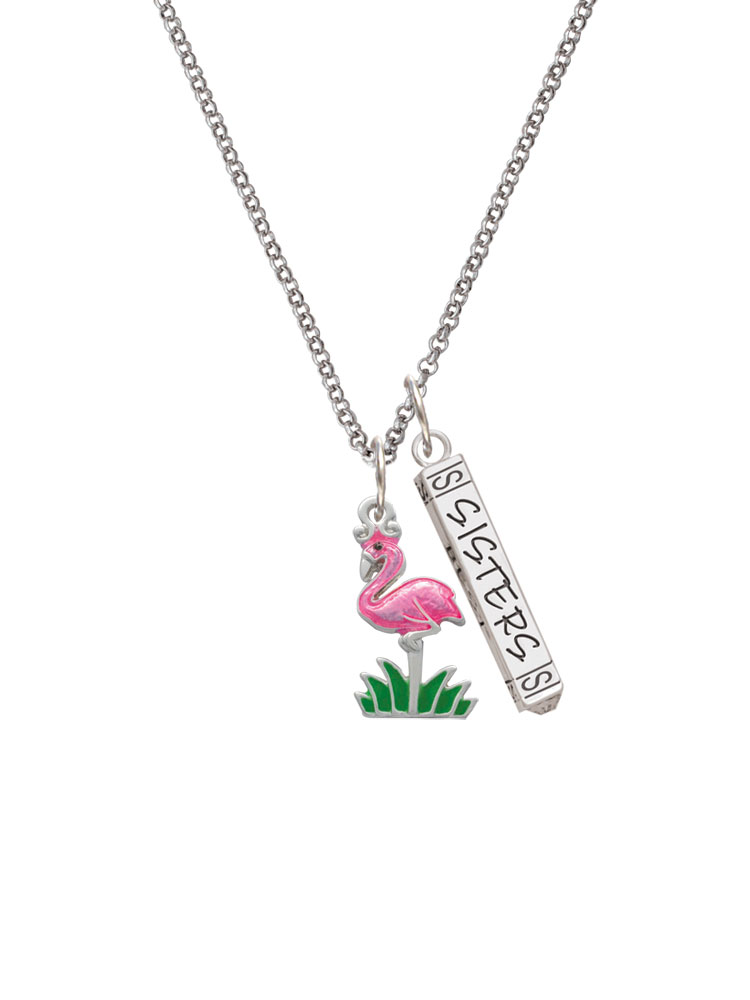 Delight Jewelry Silvertone Hot Pink Enamel Flamingo with Grass Silvertone Sisters Best Friends Forever Bar Charm Necklace, 23"