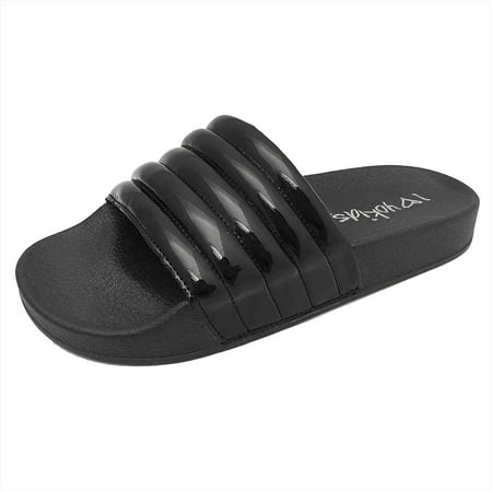 Rio-107K Sandals, Slippers, Girls and Boys Slip on Metallic Pool Slides With a Quilted Upper Black (Best Pool Slides Shoes)