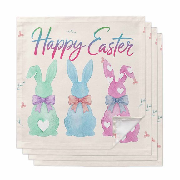 Happy Easter Cloth Napkins, Colorful Bunny Love Heart Rabbits Retro Pink Washable and Reusable Dinner Napkins Set of 4, Table Napkin for Kitchen Party Birthday Wedding Hotel Housewarming 20"x20"