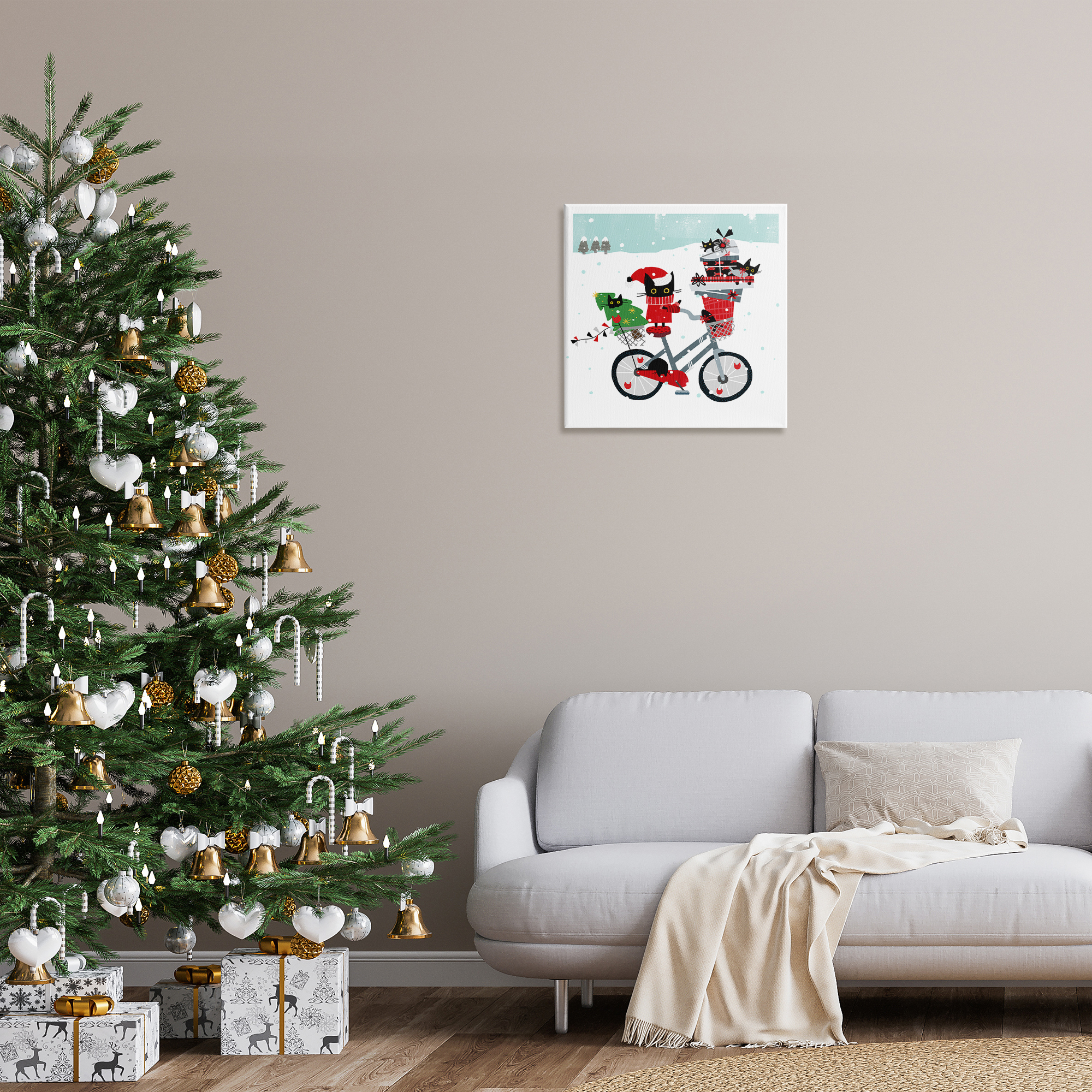 Stupell Industries Holiday Catmas Bicycle Holiday Painting Gallery Wrapped Canvas Art Prints Wall Art, 24 x 24
