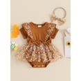 thumbnail image 4 of Baby Girls Rompers Dress Short Sleeve Bowknot Flower Print Mesh Skirt Hem Infant Bodysuits Summer Clothes with Headband, 4 of 10