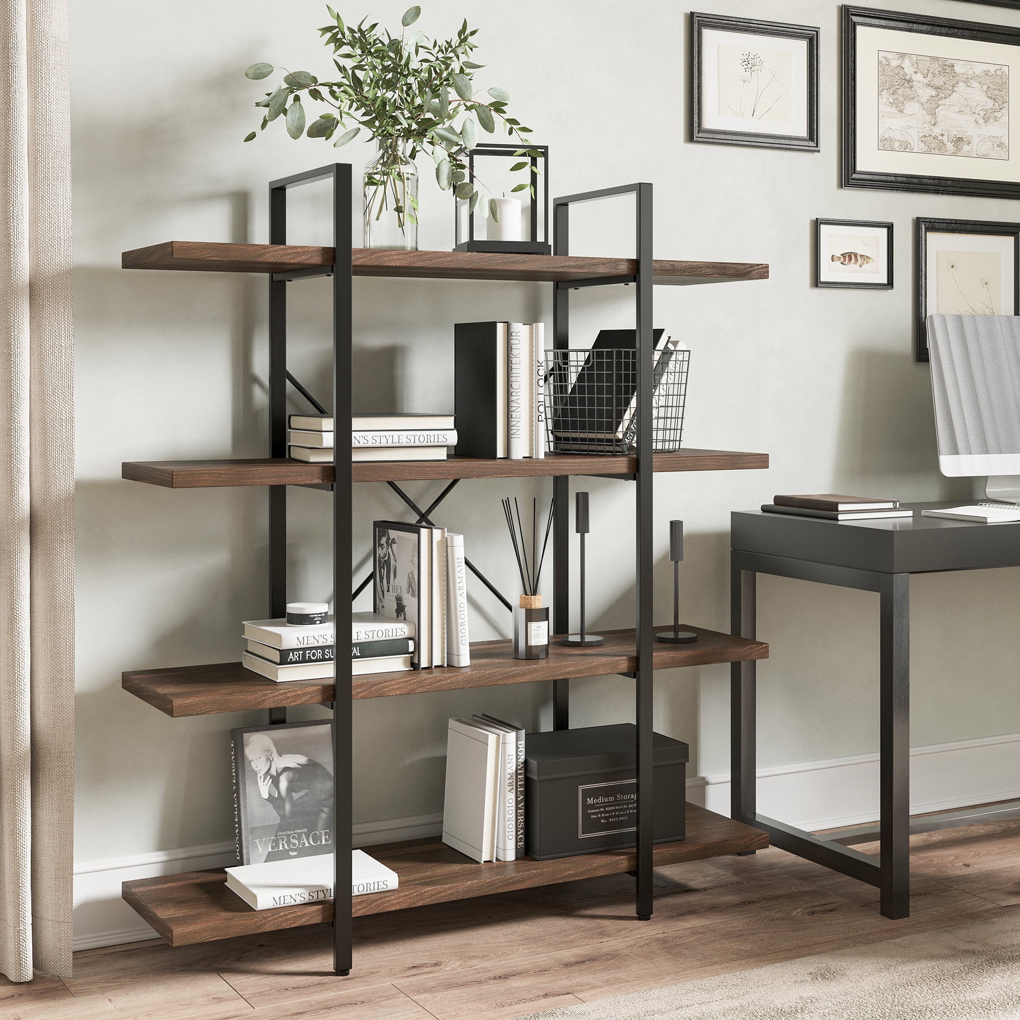 BELLEZE 4 Tier Modern Rustic Industrial Bookshelf - Hazel (Dark Walnut)