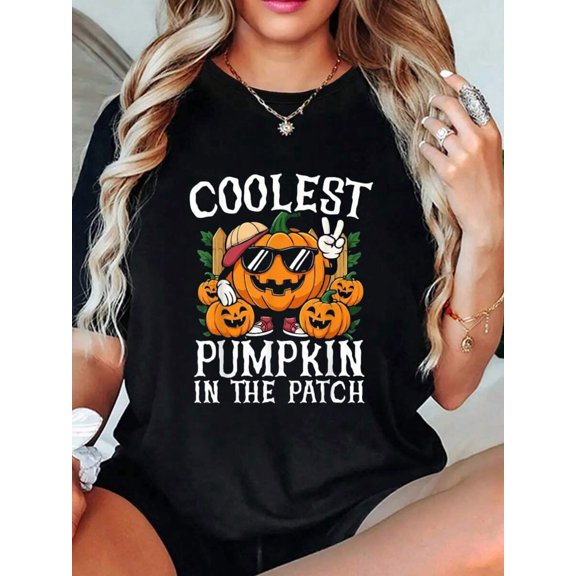 Coolest Pumpkin In The Patch Halloween Graphic Crew Neck Short Sleeve T‑Shirt, Casual Tops For Women