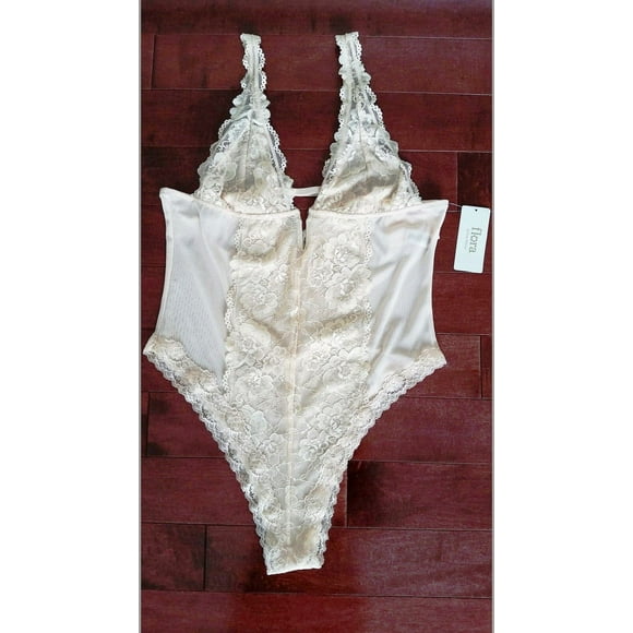 $54 FLORA by Flora Nikrooz V-Front LACE Sheer BODYSUIT Nude T80561 ( L )