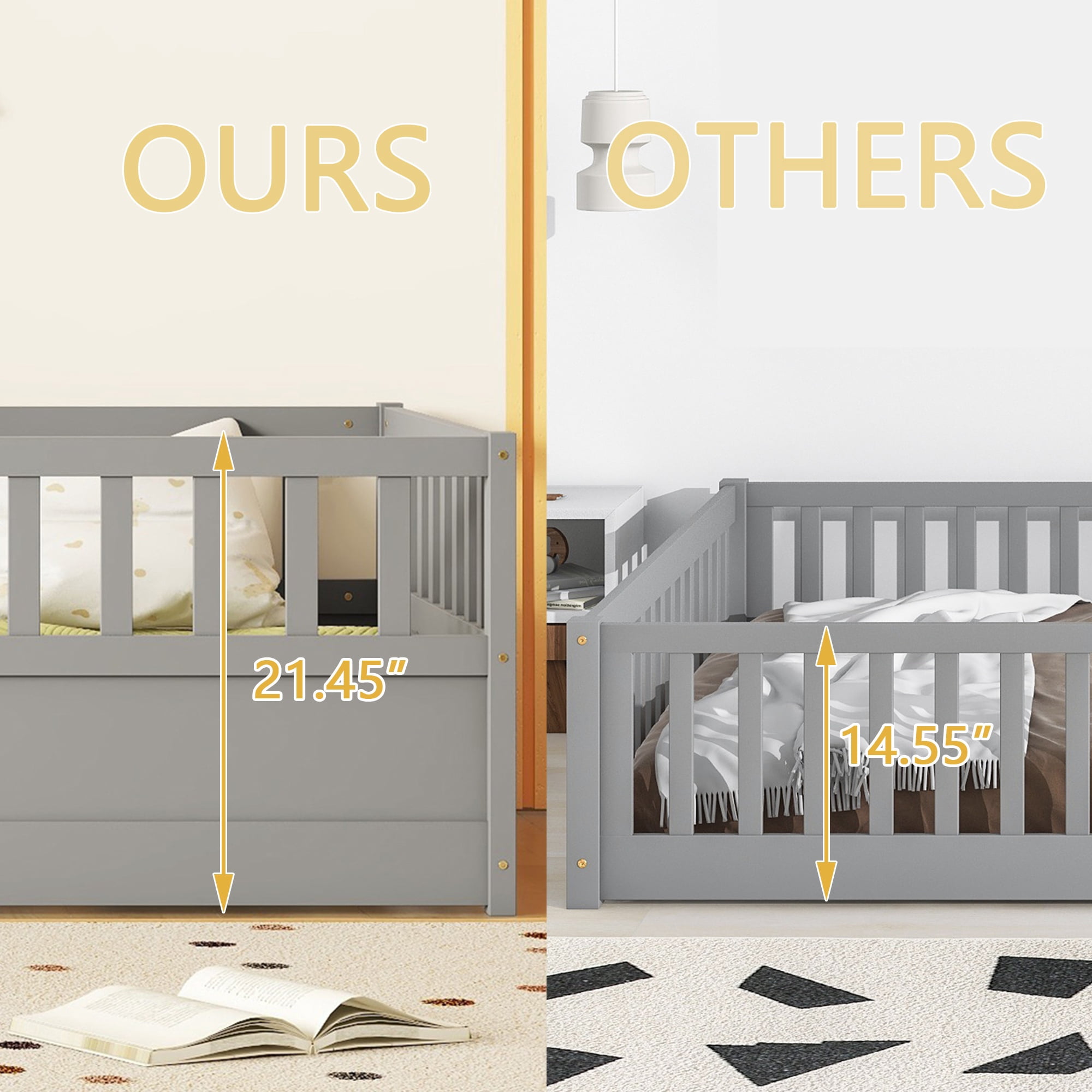Bellemave Twin Size Floor Bed with Door and High Fence Guardrails Floor Bed without Bed Slats Wooden Floor Bed Montessori Bed Frame(Twin, Gray, Without Slats)