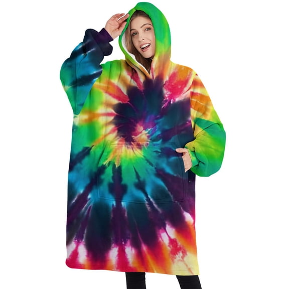 Oversized Wearable Blanket Hoodie,Colorful Tie Dye Pattern Sherpa Blanket Hoodie with Super Pockets,Super Warm Fuzzy Pullover for Women & Men