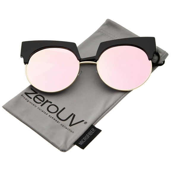 zeroUV Female Bold Wide Temple Colored Mirror Round Lens Half-Frame Cat Eye Sunglasses 57mm (Black-Gold / Pink Mirror) - 57mm