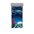 thumbnail image 2 of Ambesonne Nautical Fitted Sheet & Pillow Sham Set, Cartoon Ship on Waves, Full, Blue Orange Plum, 2 of 3