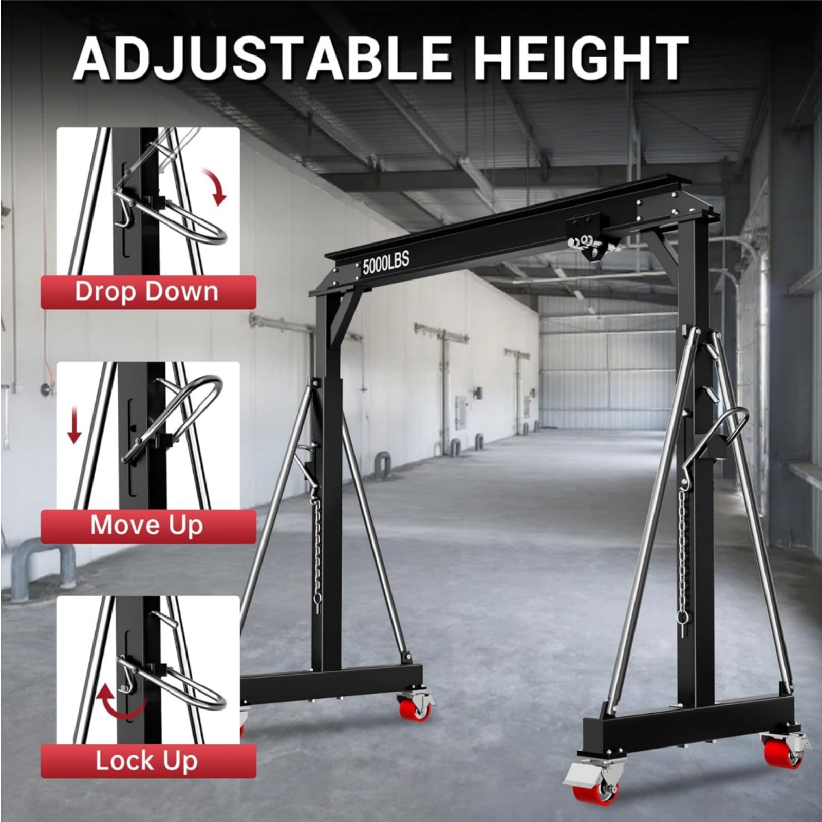 Gewna Adjustable Steel Gantry Crane, 2 Ton/ 5000 lb Capacity, 8.2-12.5ft, Portable Lift Hoist on Wheels with Manual Trolley，Black