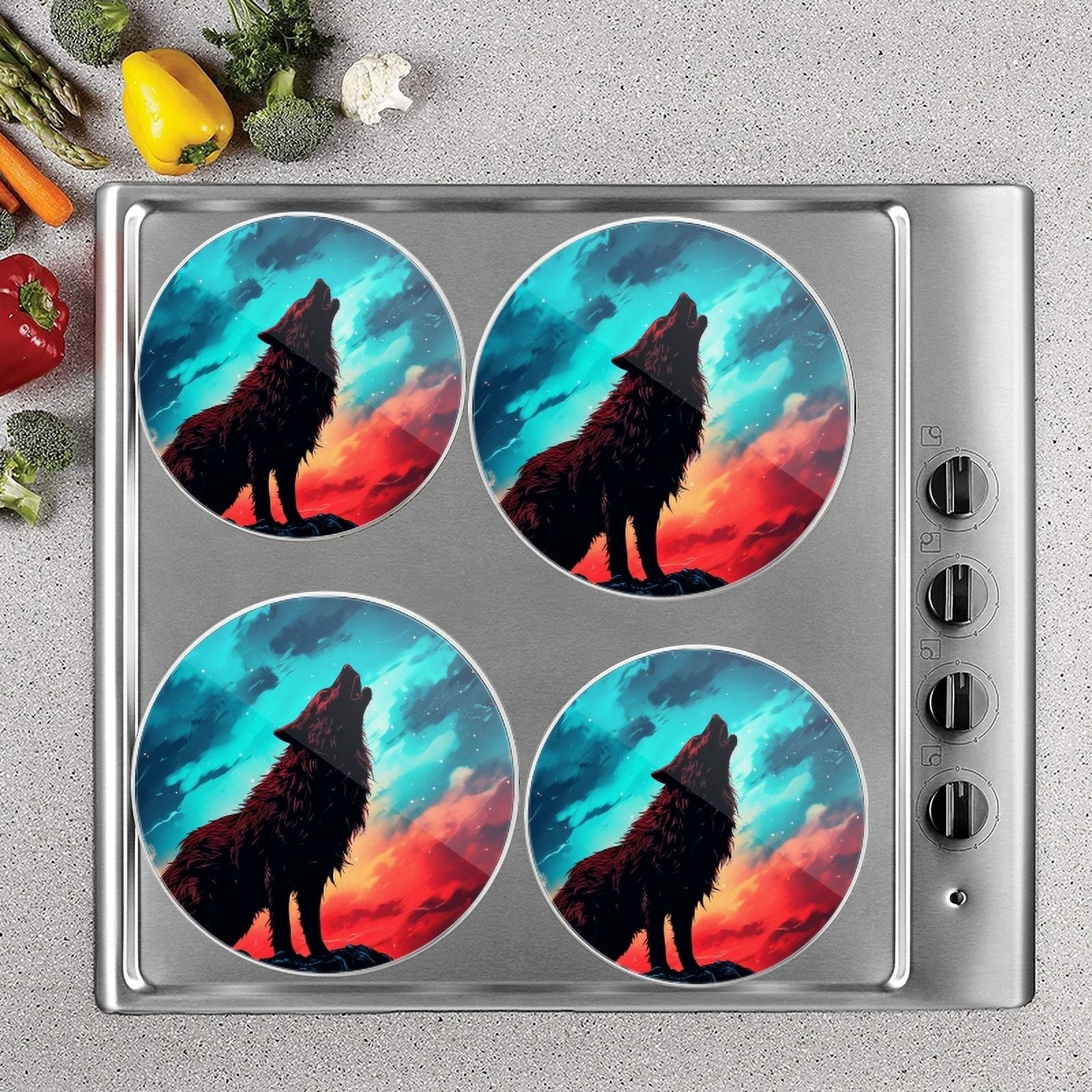 BaHomeck Electric Stove Burner Covers Set of 4,Round Metal Gas Stove Burner Covers 8 Inch and 10 Inch,Kitchen Decor,Howling Wolf WithSky Full Of Aurora Borealis Colors