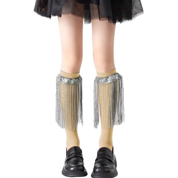 TTAO Girl's Sparkling Tassels Knee High Socks 1 Pair Dance Accessories 3-12T Ruffle Overknee Stockings Nude 3-12