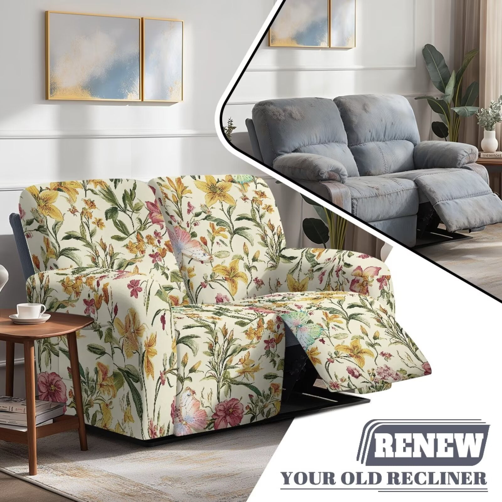 Yuyamidu Floral Print Loveseat Recliner Covers 2 Seater Stretch Recliner Loveseat Slipcover with Pockets Easy to Install Reclining Couch Covers Gift for Friends