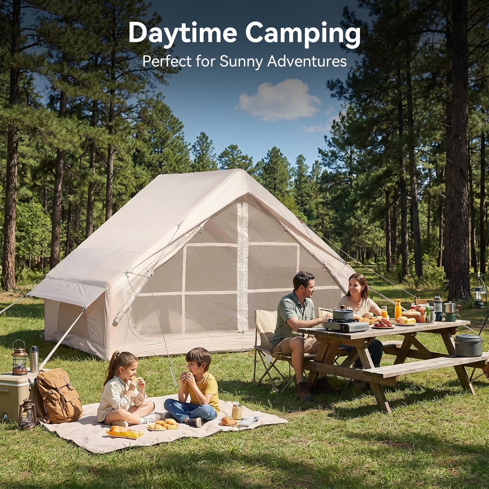 Inflatable Camping Tent with Pump, Waterproof 3-4 Person Glamping Air Tent, 210D Oxford Fabric, Instant Setup & Windproof for Outdoor Family Adventure