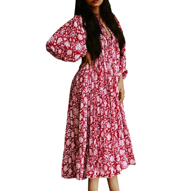 Gupgi Robe Bohème Ample pour Femmes Florale Col en V Manches Courtes Bouffantes Robe Midi Fluide