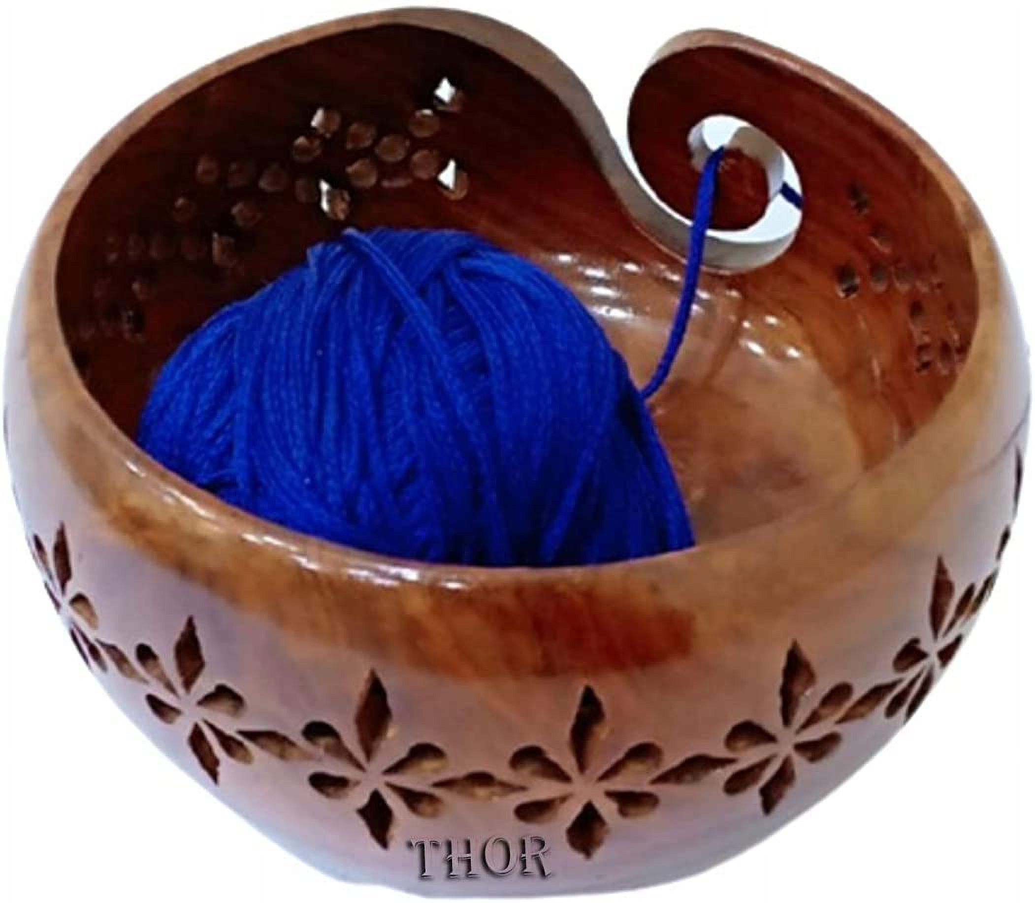Handmade Brown Wooden Yarn Bowl Knitting Crochet Organizer Storage Holder