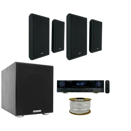 Rockville Amplifier (4) RockSlim Black Home Theater Wall Mount Slim Speakers Sub