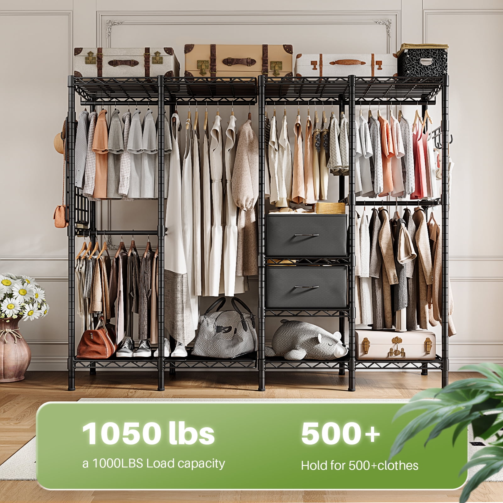 HOKEEPER 1350LBS 76" L x 17" W x 76" H Portable Closet Wardrobe Heavy Duty Clothes Rack, Freestanding Clothing Rack with 6 Hang Rods, 10 Shelves & 2 Drawers , Adjustable Closet Garment Rack, Black