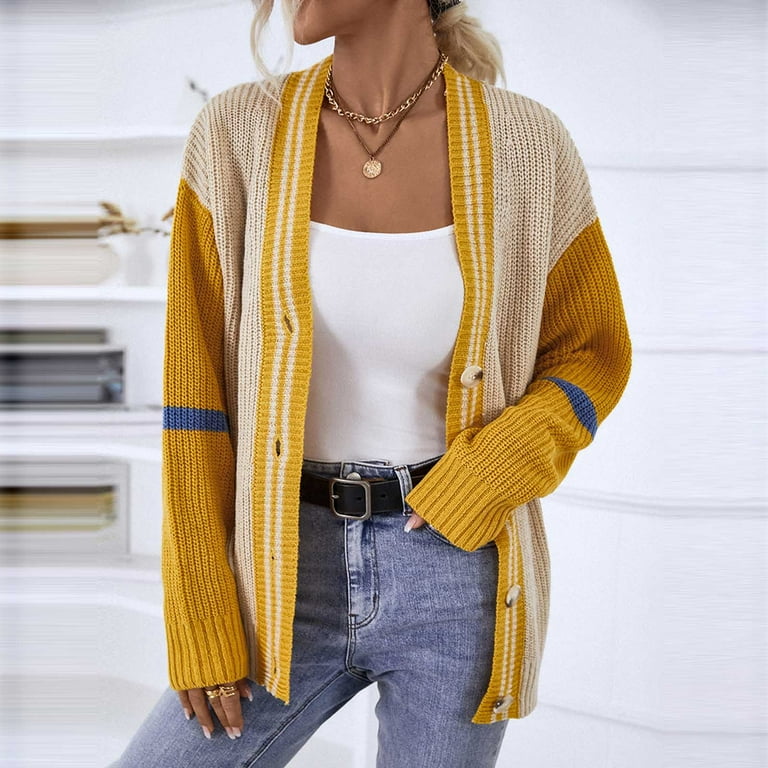 HAPIMO Rollbacks Sweater Cardigans for Women Casual Comfy Girls Fall  Fashion Tops Womens Open Front Knitted Outwear Striped Colorblock Loose  Jacket