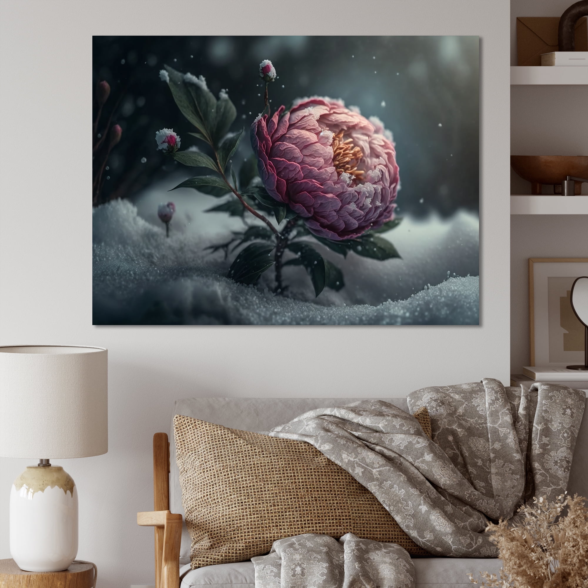 Designart A Blooming Pink Peony Flower In Winter III Canvas Wall Art
