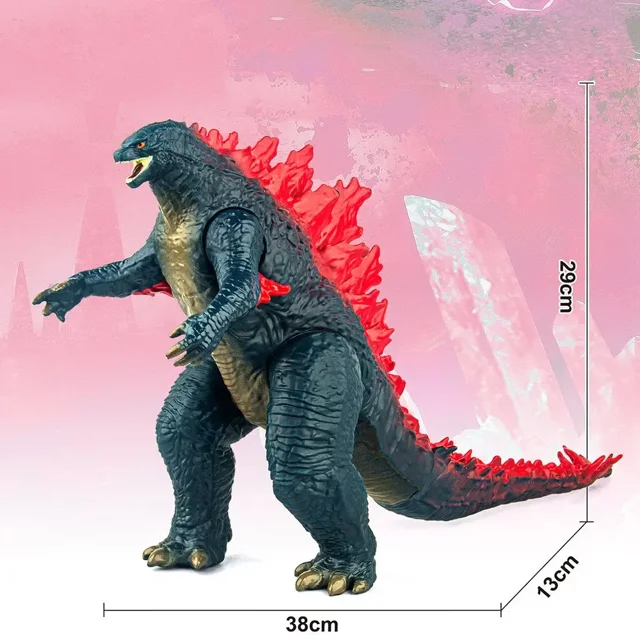 figuras de dibujos animados de godzilla vs kong king skar, juguete de 28 cm, regalo para niños figura Godzilla de PVC en pose frontal erguida, textura de escamas oscuras, aletas dorsales rojas translúcidas, garras pintadas dorado; modelo de primera edición sin control remoto, fondo de estudio con regla ilustrativa. ideal para coleccionistas y regalo para fans de cine.