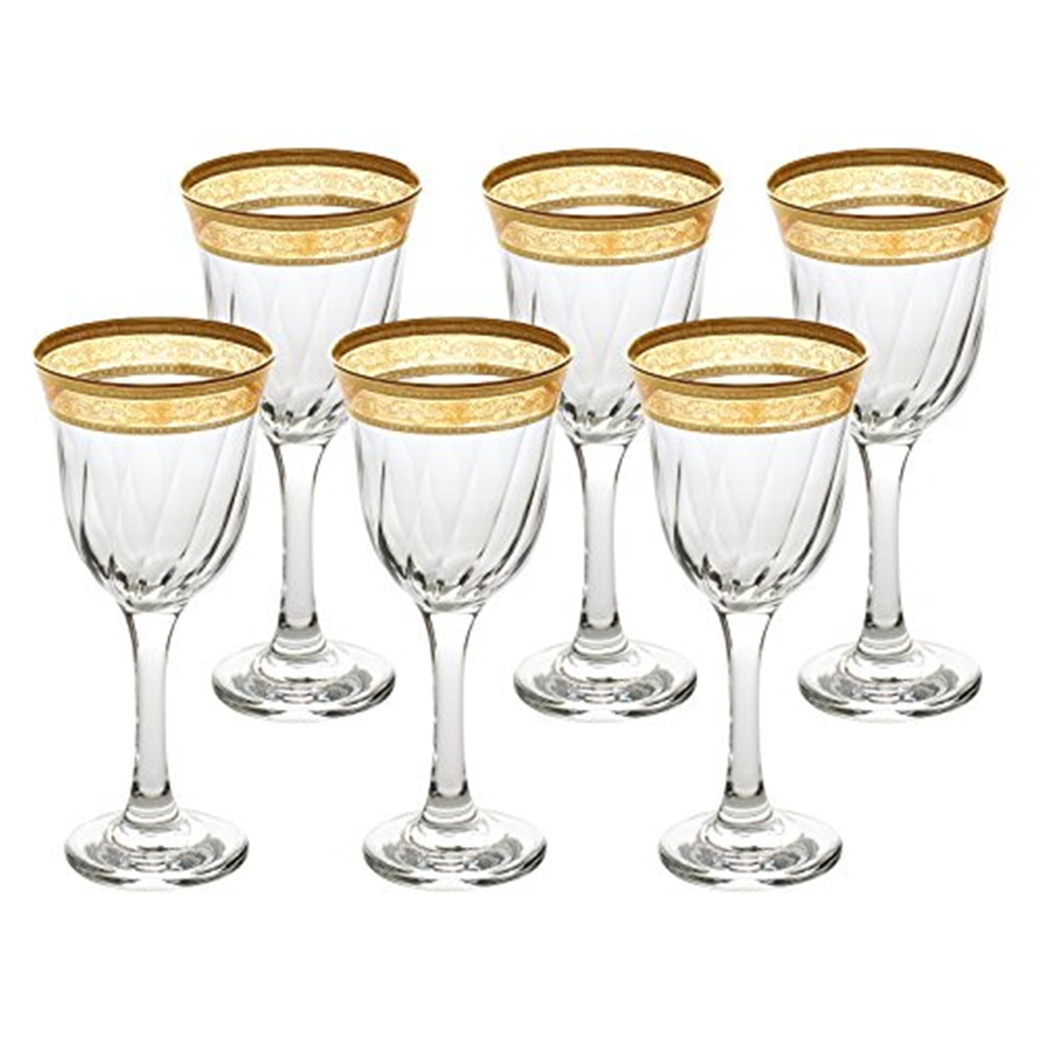 Crystal Glass Set of 6 Wine Champagne  Glasses 8 oz Gold  Greek Key Design 