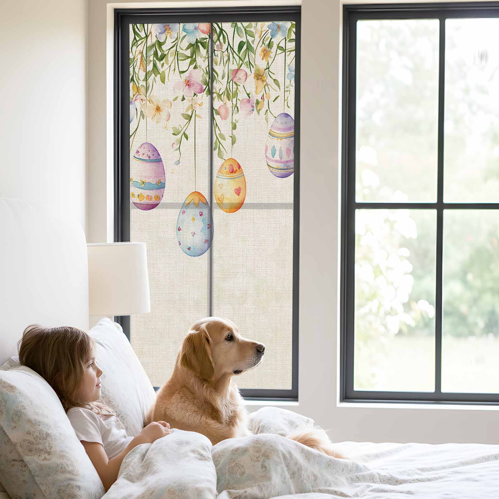 Spring Colorful Window Privacy Film, Easter Eggs Flowers Eucalyptus Leaf Retro Frosted Glass Window Clings Static Cling UV Heat Blocking Reusable Door Sticker for Bathroom 23.6 x 59 Inch