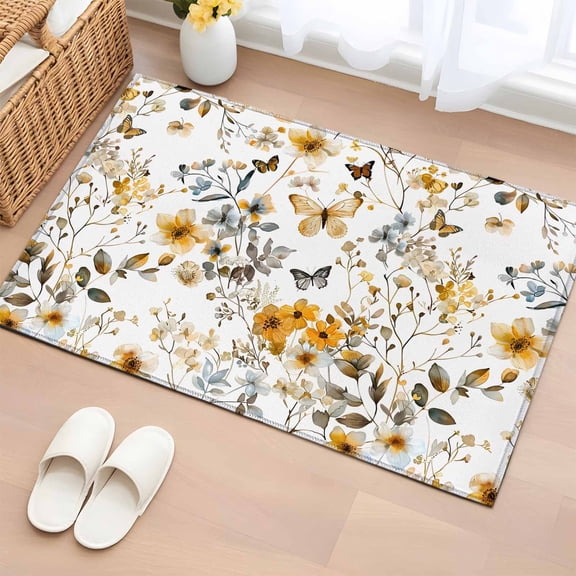 Vintage Botanical Bathroom Mats 2x3 FT, Non Slip Small Kitchen Mat, Yellow Spring Floral Butterfly Washable Soft Backed Front Door Throw Rugs Non-Shedding Indoor Outdoor Doormat for Entryway Sink